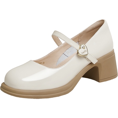 TATA他她白色玛丽珍鞋女粗跟小皮鞋女秋季新款单鞋女鞋WGB05AQ5