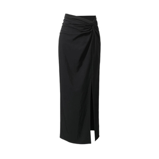 设计感褶皱醋酸西装半身裙女夏季高腰显瘦中长款直筒裙开叉长裙子