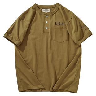 夏季新品美式休闲复古重磅230g口袋T恤阿美咔叽扣领亨利领短袖T恤