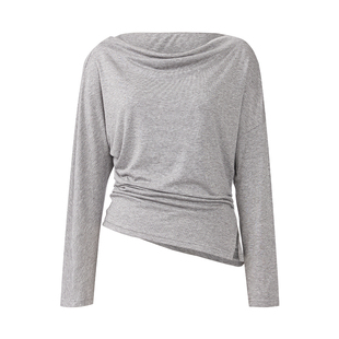 IAmMIX27长袖针织套头衫女新款压褶不对称荡领莱赛尔绵羊毛上衣女