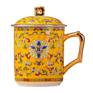景德镇珐琅彩瓷办公杯带手柄中式带盖大容量500毫升骨瓷会议茶杯