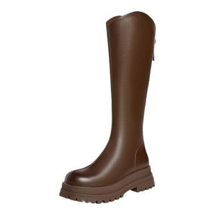 百思图可可西里冬商场新款厚底V口骑士靴女加绒长筒靴BV506DG4