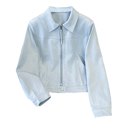 雾霾奶蓝色翻领正肩麂皮绒外套女