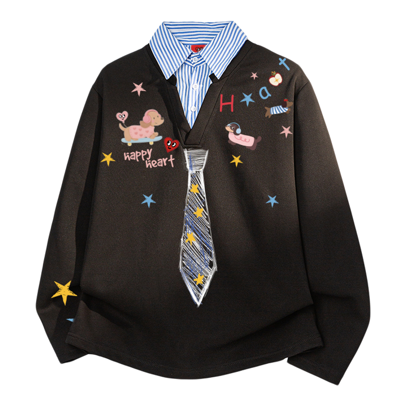 查尔斯桃心学院风领带假两件衬衫领卫衣男春秋季宽松休闲情侣上衣