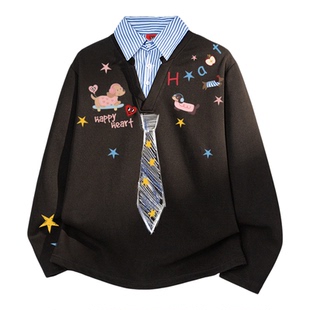 查尔斯桃心学院风领带假两件衬衫领卫衣男春秋季宽松休闲情侣上衣