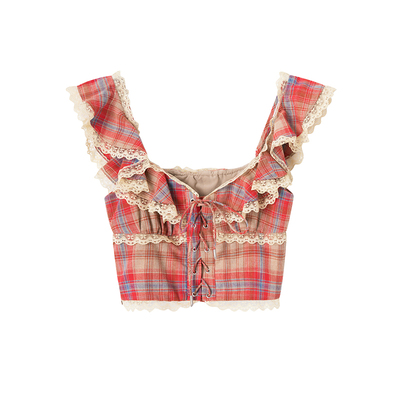 巧莓威化Uena格纹方领绑带上衣