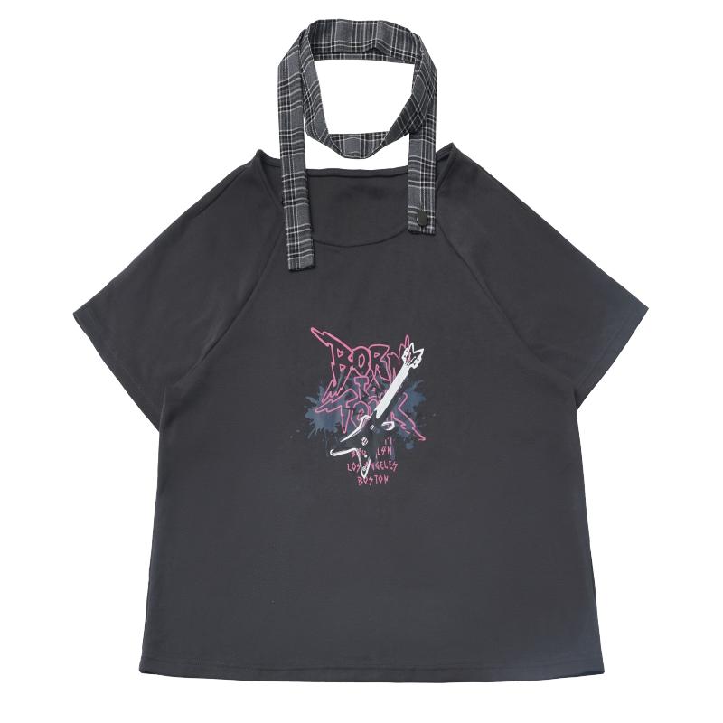 pinksavior【灰色夢(mèng)核】搖滾少女夏日高級(jí)灰T恤+拼格不規(guī)則半裙