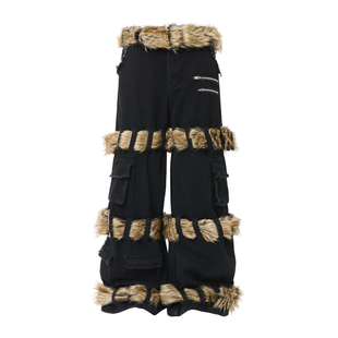 YIZILINGF 原创重工可拆卸绑带阔腿长裤男女小众黑色造型牛仔裤子