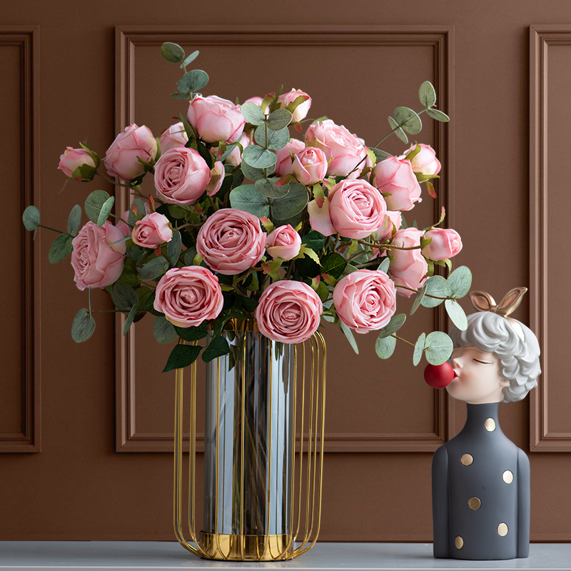 轻奢仿真花玫瑰假花客厅玄关装饰餐桌插花酒店别墅电视柜花瓶摆件