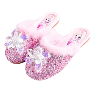 女童公主水晶鞋冬新款儿童棉拖鞋时尚洋气毛毛加绒爱莎外穿保暖鞋
