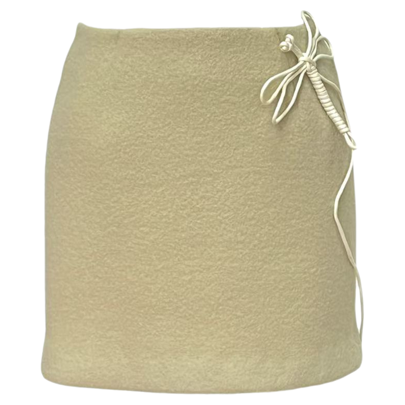 XUNRUO熏若 设计师品牌短裙 25秋冬新款蜻蜓编织淡黄色毛呢半身裙