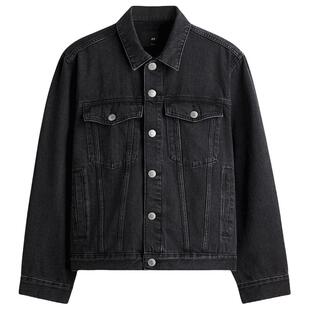 HM男装牛仔外套翻领宽松情侣美式单排扣夹克1295737