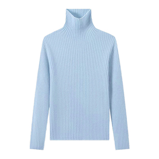 女士蓝色高领毛衣女款2026新款显瘦坑条可外穿内搭羊毛打底衫秋冬