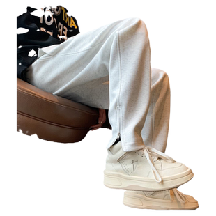 浅灰色裤脚拉链卫裤男2024新款秋冬加绒痞帅运动裤高级感修身裤子