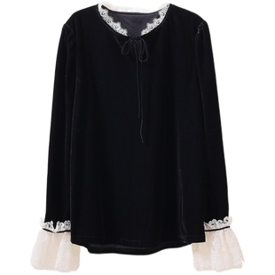 【10.22 6折福利款】法式优雅气质蕾丝拼接黑色丝绒衬衫上衣女418