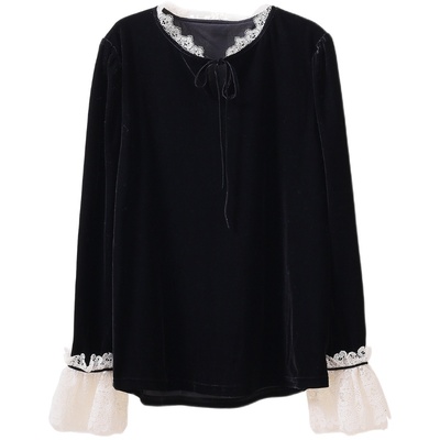 紫璐莱黑丝绒气质蕾丝系带衬衫