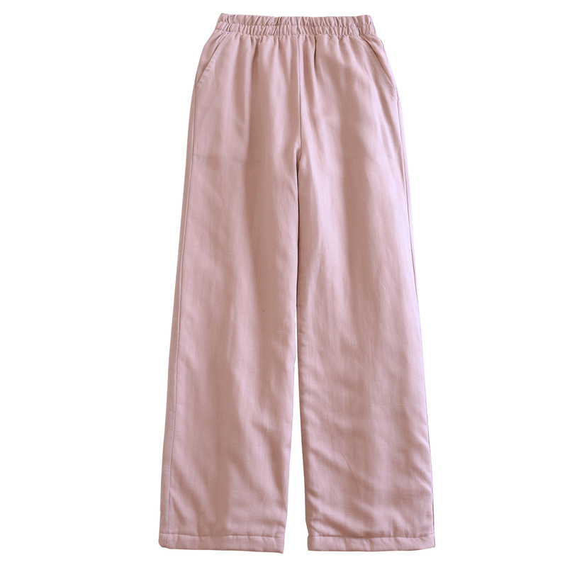 冬季新款女装文艺复古宽松松紧腰阔腿休闲棉花长裤亚麻纯色棉裤女
