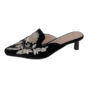 包头半拖鞋女夏季外穿高跟配裙子刺绣新中式半托凉拖鞋国风穆勒鞋