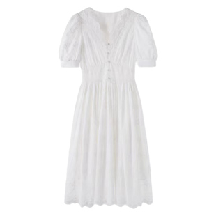 AM NANA法式白色短袖连衣裙女气质领证漂亮收腰初恋风甜美长裙子