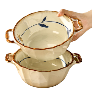 双耳汤碗家用2025新款高颜值陶瓷汤盆大号汤面碗釉下彩吃泡面大碗