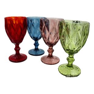 欧式浮雕彩色玻璃红酒杯葡萄酒杯 彩色高脚杯啤酒杯 家居装饰酒杯