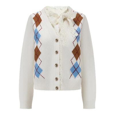 SHRO ENRO Wild geometry 女士蕾丝拼接撞色菱格针织开衫 301469