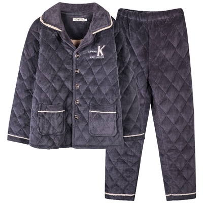 三层加厚珊瑚绒夹棉男士睡衣