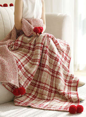 MILA米拉半边绒格纹毛毯红色新年装饰床尾毯盖毯沙发披毯加厚抱枕