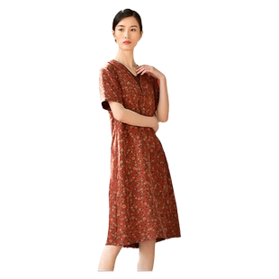 佐尔美夏新款 国风V领100%桑蚕丝香云纱花萝连衣裙女E32LS61