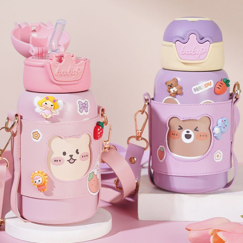 食品级316儿童保温杯带吸管女孩上学水壶可爱水杯专用小学生宝宝