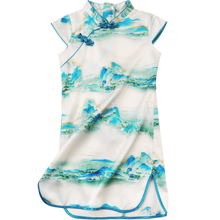 妞家儿童真丝女童只此青绿桑蚕丝旗袍宝宝中国风连衣裙子夏季汉服