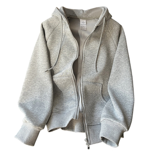 拉链外套女秋冬季灰色加绒连帽卫衣2024新款爆款春秋休闲开衫上衣