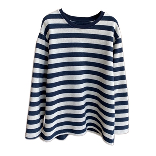 AMR UU◆慵懒时髦 加绒加厚保暖宽松中长款条纹卫衣女上衣秋冬新