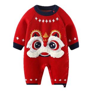 婴儿拜冬年服秋冬男宝宝新年红色喜庆衣服连体衣周岁礼服女宝冬装