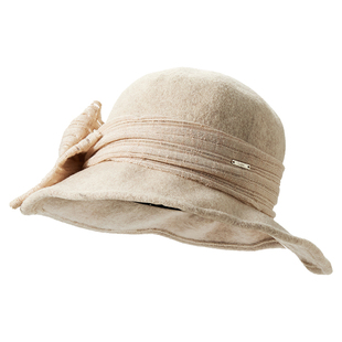 Lagur <雪景>贵牌大檐礼帽羊毛渔夫帽毛呢蝴蝶结优雅女秋冬帽子