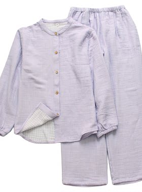 立领全棉色织双层纱布家居服长袖