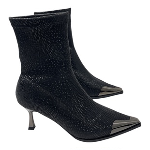 高跟瘦瘦靴韩版新款设计感小众金属方头亮片布细跟弹力袜靴女短靴