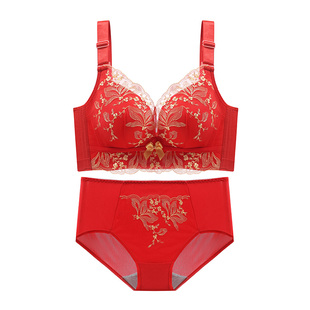 古今马年本命年红色文胸蕾丝女小胸聚拢刺绣好运内衣套装结婚内裤