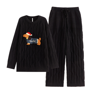 悦内半边绒睡衣男士冬季冬天珊瑚绒毛绒保暖家居服腊肠狗休闲圆领