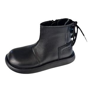 贝然童鞋头层牛皮马丁靴女童公主靴短靴黑色软底防滑女孩加绒皮靴