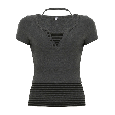 WEEKEEP 街头百搭撞色条纹挂脖吊带V领排扣显瘦针织短袖T恤两件套