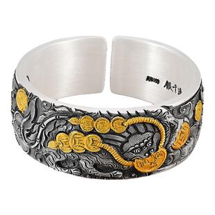 手工吞钱兽999纯银貔貅手镯男女款复古新中式足银传承银镯子礼物