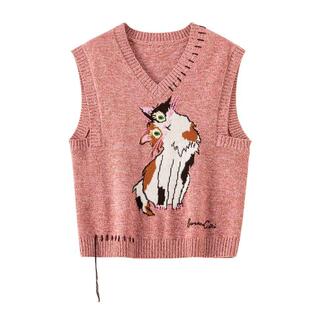 BANANA CICI2025年冬季新款原创歪头三花猫手工绣花羊毛毛织背心