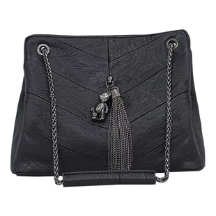 OULUYA欧美潮流纯色休闲软皮链条多口袋隔层单肩斜挎大包小羊皮包