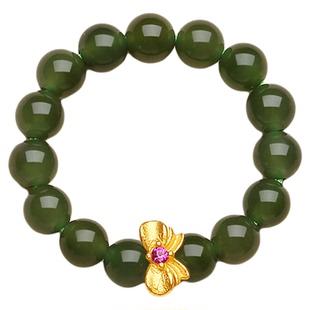 天然俄料碧玉菠菜绿小米珠蝴蝶戒指女925银新中式和田玉珠子指环