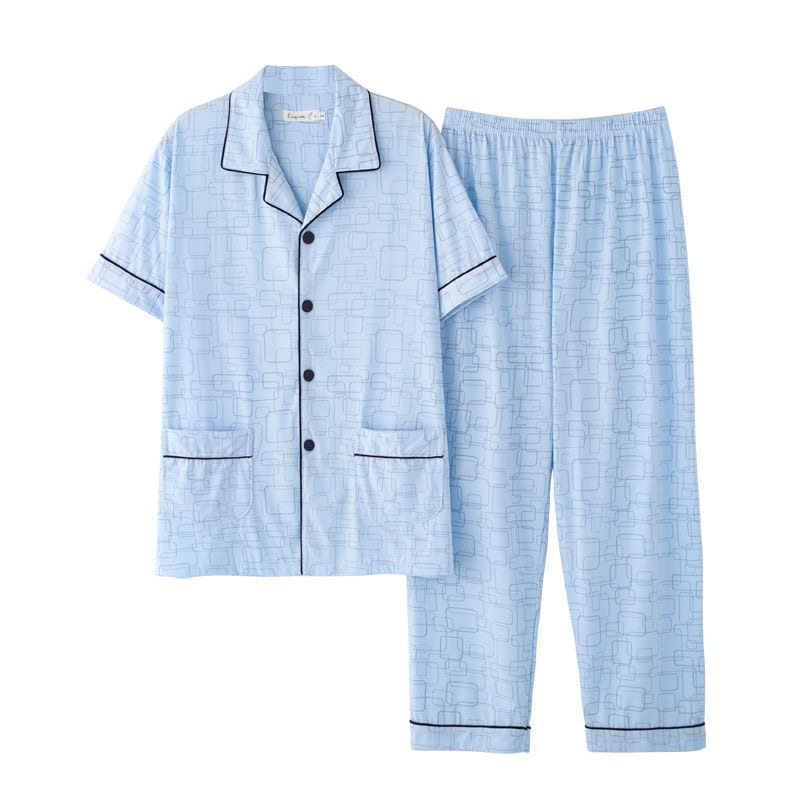 夏季男睡衣纯棉薄款休闲 全棉居家服加大码韩版 中年短袖套装长裤