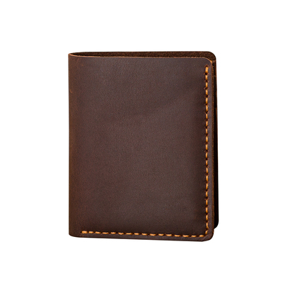 后步真皮竖款复古手工短款钱包男