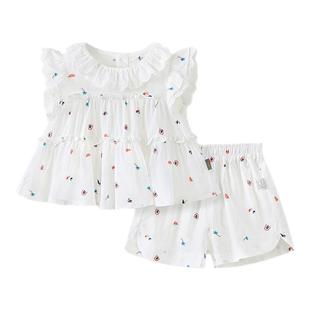 童泰女宝背心套装夏季莱赛尔婴儿衣服女童外出飞袖上衣短裤娃娃衫