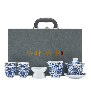 青花缠枝莲三才盖碗德化白瓷高端泡茶碗家用不烫手茶具茶杯三件套