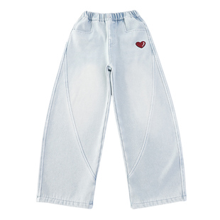 女童加绒裤子冬加厚一体绒老爹裤2025新款刺绣爱心拼接儿童牛仔裤